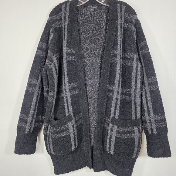 Barefoot Dreams CozyChic Plaid Open Front Cardigan Black Gray L Large - Picture 1 of 10